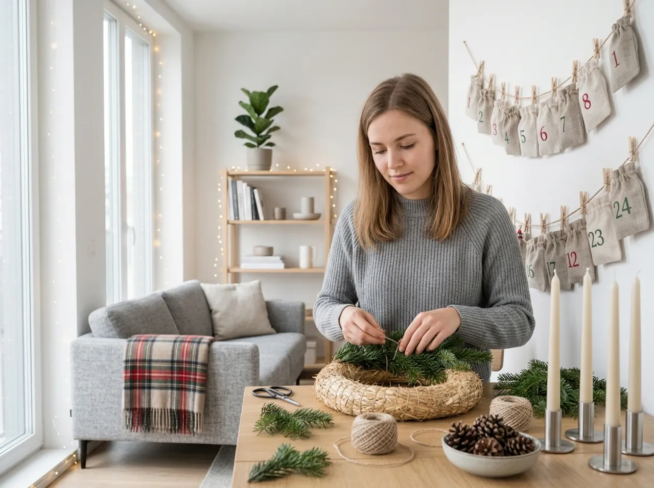 Adventskranz aus frischem Tannengrün wird auf einem Holztisch in einem modernen Wohnzimmer selbst gebunden