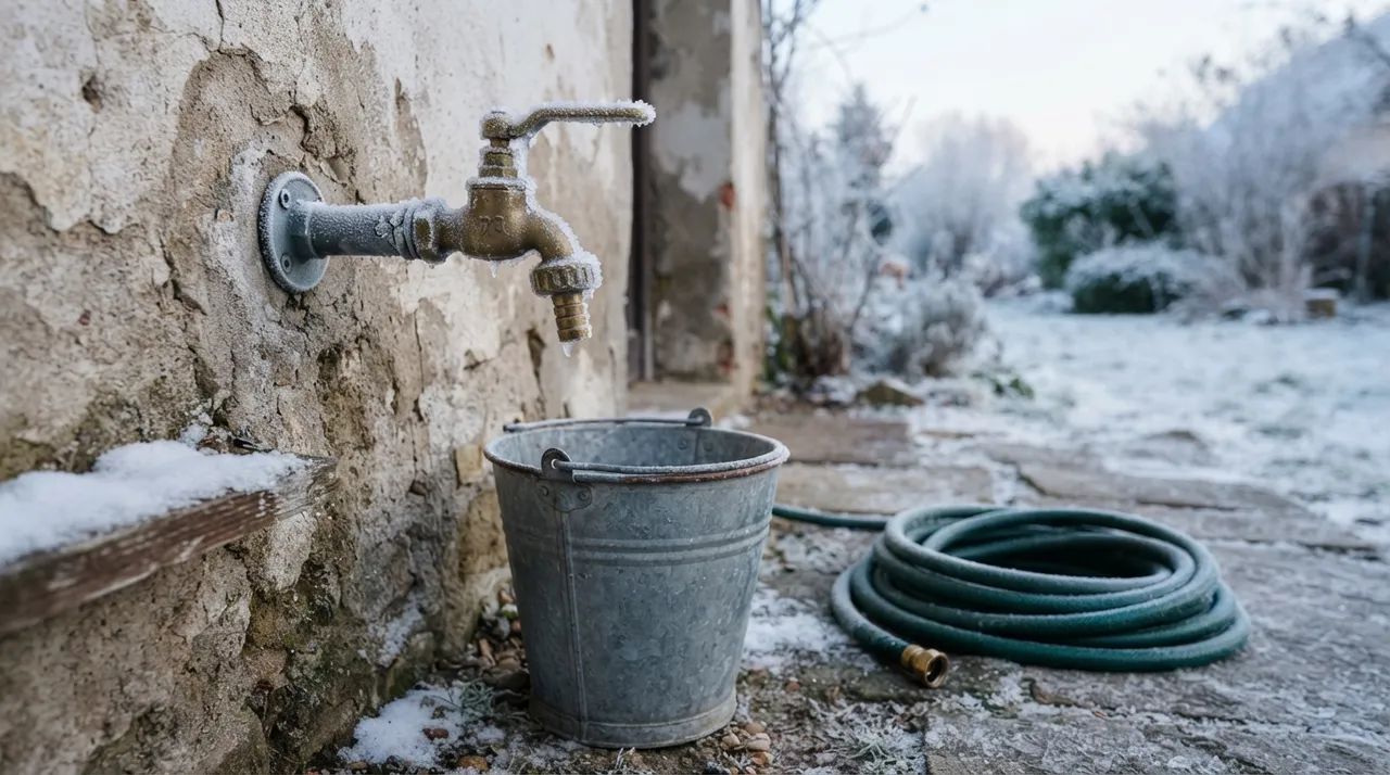 Außenwasserhahn an einer Hauswand im Raureif, darunter ein leerer Zinkeimer, daneben ein aufgerollter Gartenschlauch