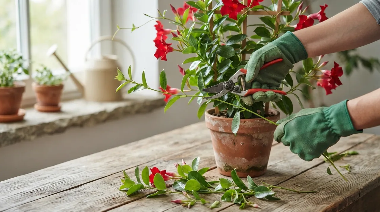 Hände mit Gartenhandschuhen kürzen die Triebe einer Dipladenia mit einer Gartenschere