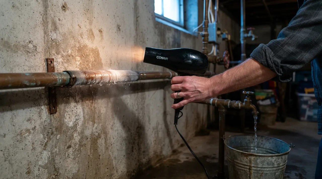 Hand taut mit einem Haartrockner ein Wasserrohr an einer Kellerwand auf