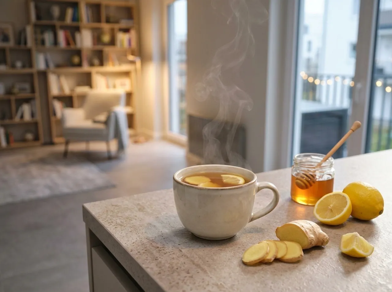 Dampfende Tasse Ingwer-Zitrone-Honig-Tee mit frischem Ingwer und Zitronenscheiben