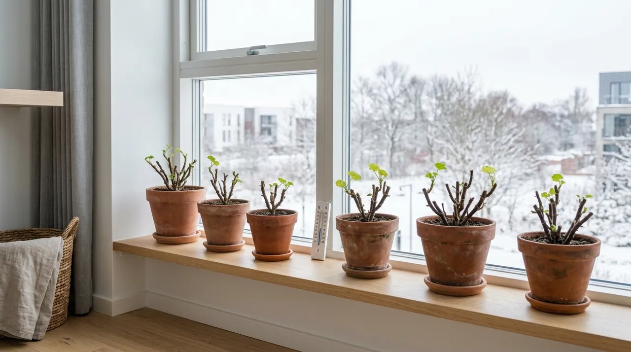 Zurückgeschnittene Geranien in Terrakottatöpfen auf einer hellen Fensterbank, daneben ein Thermometer