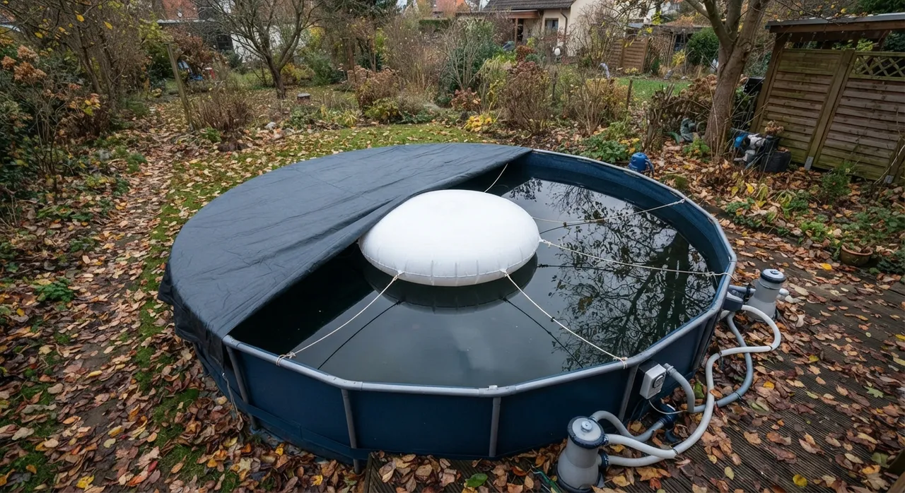 Aufblasbares Poolkissen schwimmt in der Mitte eines runden Aufstellpools, die dunkle Winterplane ist zur Hälfte darübergezogen