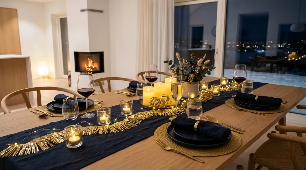 Festlich gedeckter Silvestertisch in einem hellen, modernen Wohnzimmer mit Gold und Dunkelblau, Gläsern mit Teelichtern und einer goldenen Fransengirlande