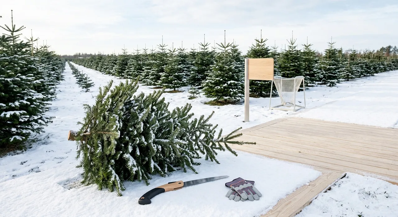 Christbaumkultur im leichten Schnee mit Reihen junger Nordmanntannen, im Vordergrund ein frisch geschlagener Baum und eine Klappsäge