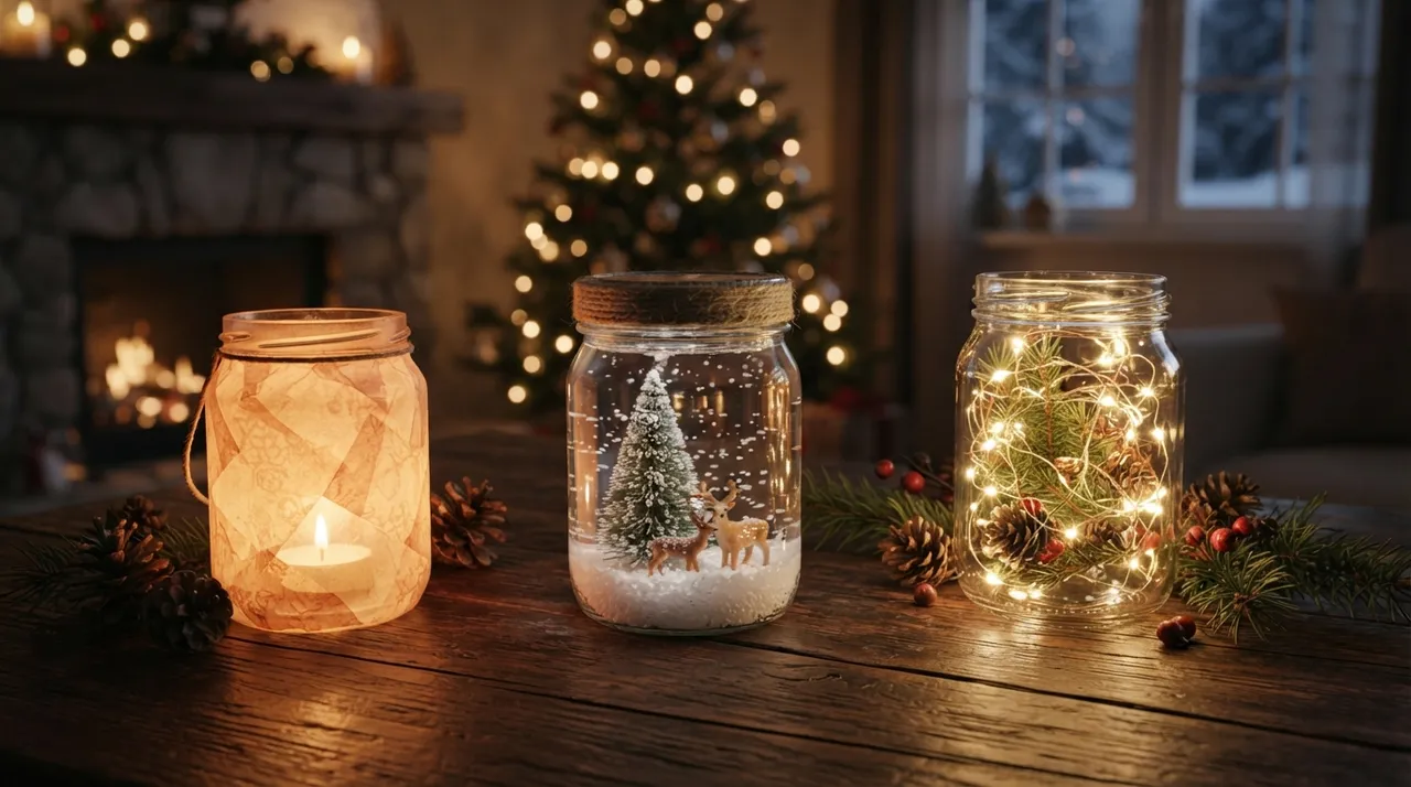 Weihnachtsdeko aus Gläsern am Abend: Windlicht mit Transparentpapier, Schneeglas mit Tannenbaum und Lichterglas mit Lichterkette