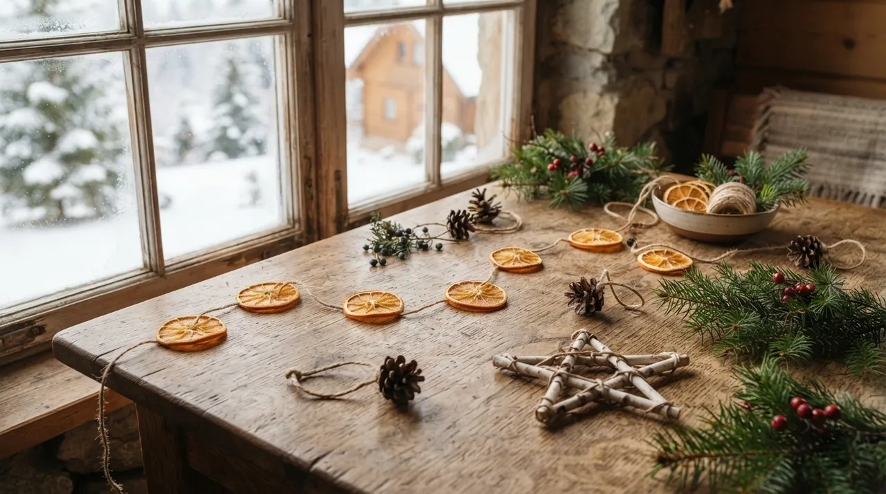 Weihnachtsdeko aus Naturmaterial auf einem Holztisch am Fenster: Girlande aus getrockneten Orangenscheiben, Zapfen-Anhänger, ein Stern aus Zweigen und Tannenzweige