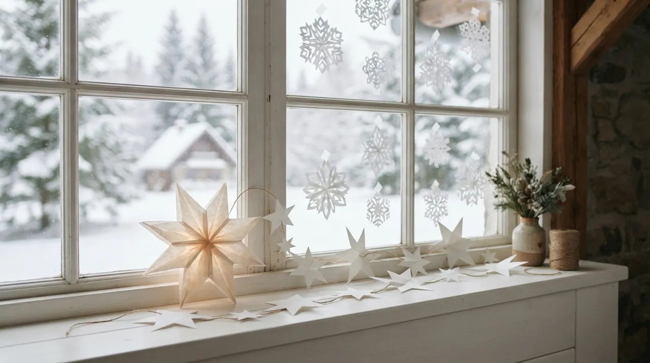Weihnachtsdeko aus Papier auf einer Fensterbank: Stern aus Butterbrottüten, Girlande aus weißen Papiersternen und Schneeflocken am Fenster