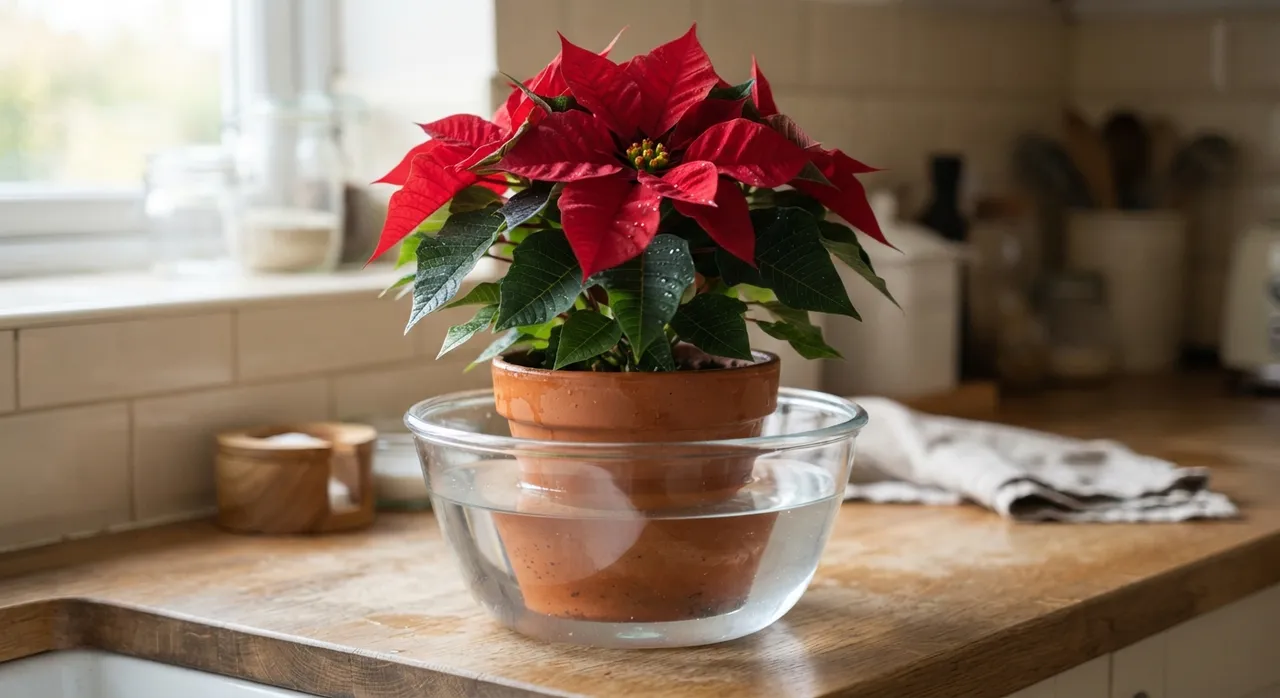 Weihnachtsstern im Topf steht zum Wässern in einer Schüssel mit lauwarmem Wasser