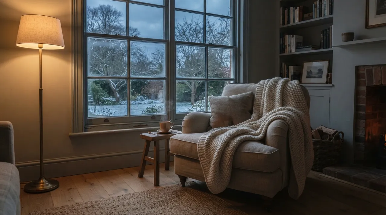 Sessel mit Strickdecke am Fenster, daneben eine Tasse Tee, draußen ein grauer Wintertag