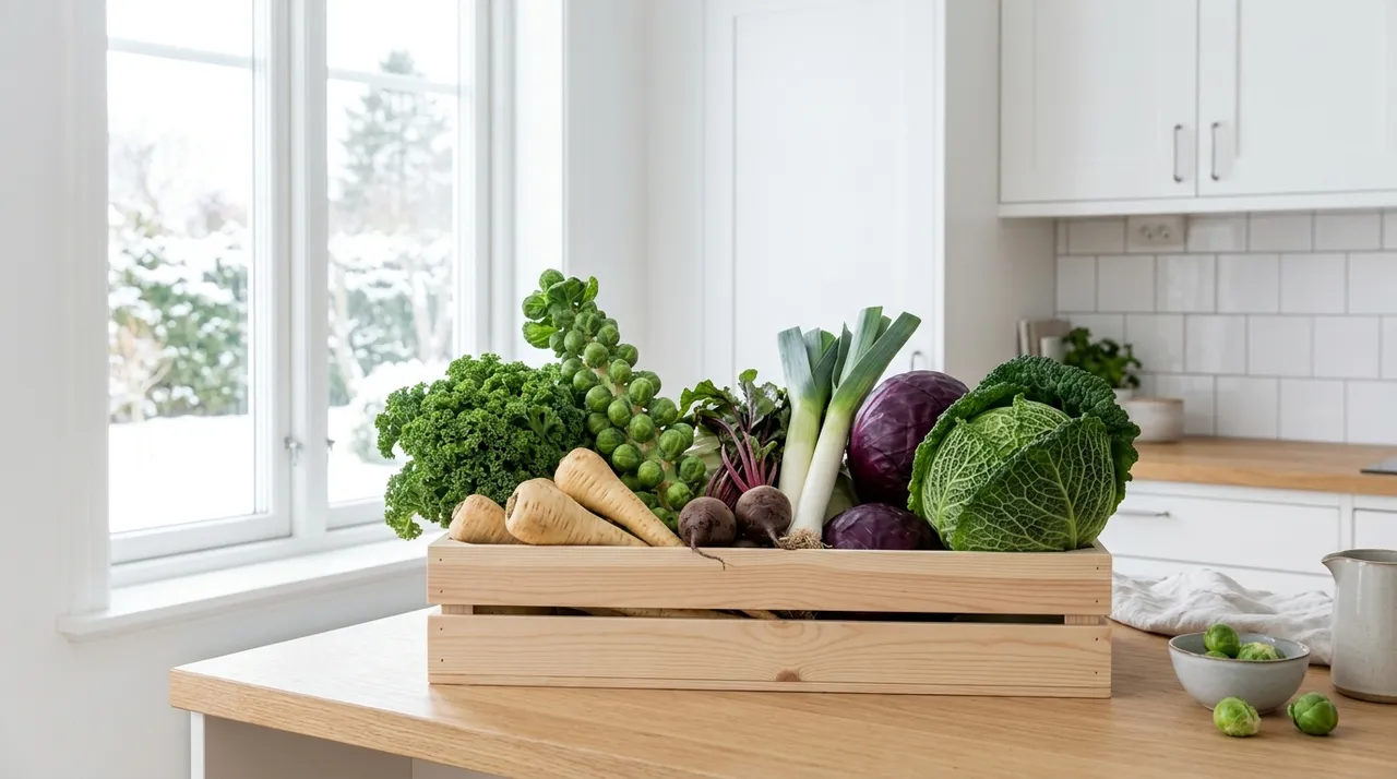 Grünkohl, Rosenkohl, Pastinaken, Rote Bete, Lauch und Wirsing in einer Holzkiste auf einer hellen Küchenarbeitsplatte
