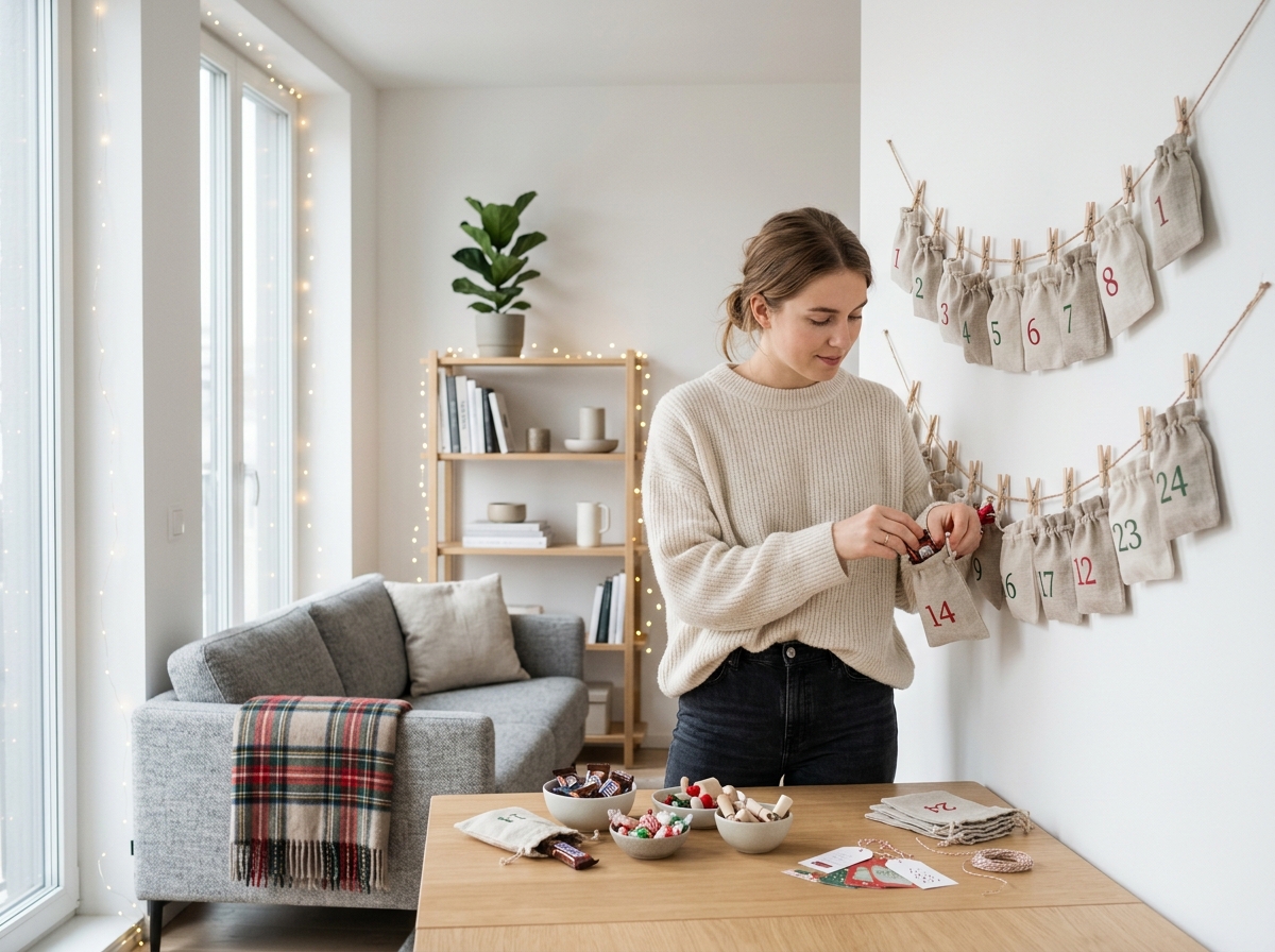 Adventskalender mit nummerierten Stoffsäckchen wird in einem modernen Wohnzimmer befüllt