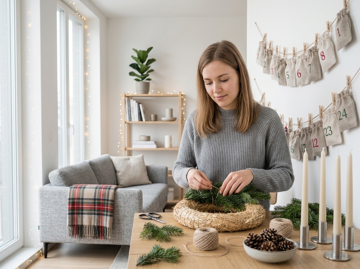 Adventskranz aus frischem Tannengrün wird auf einem Holztisch in einem modernen Wohnzimmer selbst gebunden